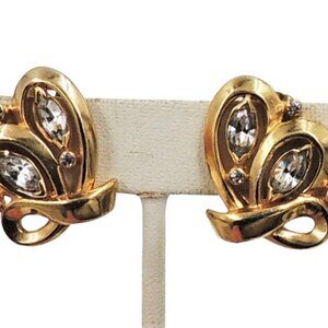 Vintage Early 1950s Signed Mazer Goldtone Clear Rhinestone Clip Earrings